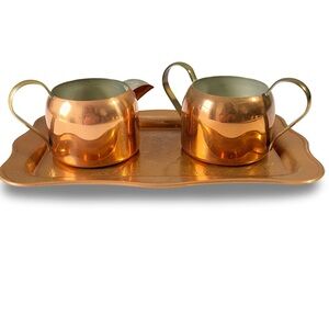 MCM 70’s Coppercraft Guild Creamer and Sugar Set on Decorative Tray USA